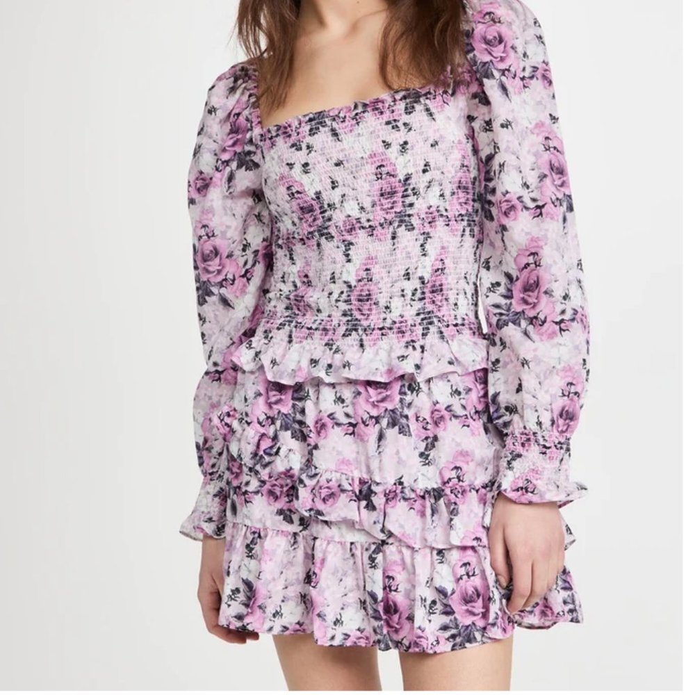 LOVESHACKFANCY Emma Mini Purple Floral Skirt, $295, Sz. M